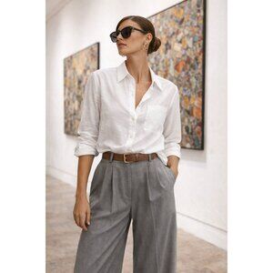 Tommy Hilfiger Ivory Crinkled Texture Button Front Tunic Shirt Pocket Curved Hem